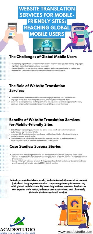 Localized Content: Website translation services adapt your mobile site's content to the
language and culture of your target audience, ensuring it resonates with them.
Enhanced User Experience: A multilingual mobile site provides a seamless experience for users,
leading to longer visits, increased engagement, and higher conversion rates.
WEBSITE TRANSLATION
SERVICES FOR MOBILE-
FRIENDLY SITES:
REACHING GLOBAL
MOBILE USERS
The Challenges of Global Mobile Users
The Role of Website Translation
Services
Benefits of Website Translation Services
for Mobile-Friendly Sites
Case Studies: Success Stories
In today's mobile-driven world, website translation services are not
just about language conversion; they're a gateway to connecting
with global mobile users. By investing in these services, businesses
can expand their reach, enhance user experience, and ultimately
thrive in the international market.
Diverse Languages: Mobile users come from diverse linguistic backgrounds, making language a
significant barrier to engagement and conversion.
Cultural Sensitivity: Understanding cultural nuances and preferences is vital for mobile user
engagement, as different regions have distinct expectations and norms.
Global Reach: Translating your mobile site allows you to reach a broader international
audience and tap into new markets.
Improved SEO: Translated content boosts your mobile site's visibility in local search engine
results, increasing organic traffic.
Cultural Relevance: Localization demonstrates your commitment to understanding and
respecting the culture of your international users, building trust.
Company X: By translating their mobile site into Spanish and Chinese, Company X saw a 50%
increase in mobile traffic from Spanish-speaking countries and a 65% increase in mobile sales from
Chinese users.
Startup Y: Startup Y adopted a mobile-first approach to website translation and experienced rapid
growth, expanding their user base by 200% in just six months.
www.acadestudio.com
 
