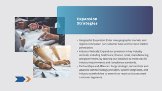 • Geographic Expansion: Enter new geographic markets and
regions to broaden our customer base and increase market
penetration.
• Industry Verticals: Expand our presence in key industry
verticals, including healthcare, finance, retail, manufacturing,
and government, by tailoring our solutions to meet specific
industry requirements and compliance standards.
• Partnerships and Alliances: Forge strategic partnerships and
alliances with technology providers, system integrators, and
industry stakeholders to extend our reach and access new
customer segments.
Expansion
Strategies
 