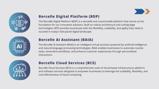 The Borcelle Digital Platform (BDP) is a versatile and customizable platform that serves as the
foundation for our innovative solutions. Built on robust architecture and cutting-edge
technologies, BDP provides businesses with the flexibility, scalability, and agility they need to
succeed in today's fast-paced digital landscape.
The Borcelle AI Assistant (BAIA) is an intelligent virtual assistant powered by artificial intelligence
and natural language processing technologies. BAIA enables businesses to automate routine
tasks, streamline workflows, and enhance customer experiences through personalized
interactions.
Borcelle Digital Platform (BDP)
Borcelle AI Assistant (BAIA)
Borcelle Cloud Services (BCS) is a comprehensive suite of cloud-based infrastructure, platform,
and software services designed to empower businesses to leverage the scalability, flexibility, and
cost-effectiveness of cloud computing.
Borcelle Cloud Services (BCS)
 