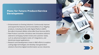 Plans for Future Product/Service
Development
• Enhancements to Existing Solutions: Continuously improve
and expand the features and functionalities of our flagship
products, including the Borcelle Digital Platform (BDP),
Borcelle AI Assistant (BAIA), & Borcelle Cloud Services (BCS).
• New Product Launches: Introduce new innovative solutions
tailored to emerging market trends and customer needs,
such as advanced analytics tools, IoT integrations, and
blockchain-based applications.
• Research and Development: Invest in R&D efforts to explore
cutting-edge technologies and develop next-generation
solutions that drive digital transformation across industries.
 