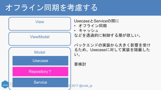 © 2017 @nuits_jp
オフライン同期を考慮する
View
ViewModel
Model
UsecaseとServiceの間に
• オフライン同期
• キャッシュ
などを透過的に制御する層が欲しい。
バックエンドの実装から大きく影響を受け
るため、Usecaseに対して実装を隠蔽した
い。
要検討
 
