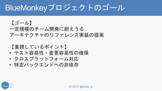 © 2017 @nuits_jp
BlueMonkeyプロジェクトのゴール
【ゴール】
一定規模のチーム開発に耐えうる
アーキテクチャのリファレンス実装の提案
【重視しているポイント】
• テスト容易性・変更容易性の確保
• クロスプラットフォーム対応
• 特定バックエンドへの非依存
 