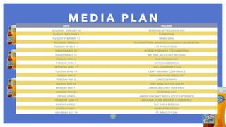 M E D I A P L A N
1 1
DATE HOLIDAY
SATURDAY JANUARY 24 BEER CAN APPRECIATION DAY
SUNDAY FEBRURARY 1 SUPER BOWL
TUESDAY FEBRURAY 17 MARDI GRAS
SATURDAY MARCH 8 INTERNATIONAL WOMEN COLLABORATION BREW DAY
TUESDAY MARCH 17 ST. PATRICK’S DAY
FRIDAY MARCH 20 ROBERT PORTNER’S 178TH BIRTHDAY
FRIDAY MARCH 27 MICHAEL JACKSON’S BIRTHDAY
SUNDAY APRIL 5 MLB OPENING DAY
TUESDAY APRIL 7 NATIONAL BEER DAY
SATURDAY APRIL 11 KING GRAMBRINUS DAY
TUESDAY APRIL 14 CRAFT BREWERS CONFERENCE
SUNDAY MAY 3 NATIONAL HOME-BREW DAY
TUESDAY MAY 5 CINCO DE MAYO
SUNDAY MAY 10 TAKE MOM OUT FOR A BEER
MONDAY MAY 11 AMERICAN CRAFT BEER WEEK
MONDAY MAY 25 MEMORIAL DAY
FRIDAY JUNE 5 AMERICAN CRAFT BEER & FOOD EXPERIENCE
THURSDAY JUNE 11 NATIONAL HOME BREWERS CONFERENCE
SUNDAY JUNE 21 BUY DAD A BEER DAY
SATURDAY JULY 4 INDEPENDENCE DAY
SATURDAY JULY 18 ST. ARNOLD’S DAY
 