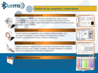 Se puede trasmitir todo tipo de contenidos multimedia como videos, músicas, imágenes estáticas y dinámicas, a cualquier formato de teléfono móvil de forma automática. Se pueden crear códigos alfanuméricos para generar concursos, cupones canjeables o premios directos  Creamos aplicaciones interactivas (Java, Symbian y Windows Mobile). Una vez creada la aplicación, se puede modificar los contenidos en cualquier momento, pudiendo generar nuevas versiones en tiempo real  Podemos actualizar y distribuir de forma automática contenidos distintos. Pudiendo planificar en días y horas, diversas campañas. Una parrilla inteligente que gestiona toda la red de puntos estén donde estén  via internet/3G Para obtener información de cómo, dónde y que. Con solo seleccionar la campaña y determinar las fechas a consultar, extremos información en tiempo real de cualquier punto de acceso este donde este. Total móviles detectados,  impactos netos, tipo de contenido distribuido, marca y modelo de teléfono, hora del envío, y un largo etc…  Creación de los contenidos  a transmitir Envio y creacion de aplicaciones Estadísticas en tiempo real Planificador de campañas (Planner) Gestion de las campañas y creatividades 
