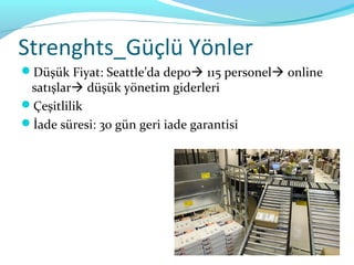 Strenghts_Güçlü Yönler
Düşük Fiyat: Seattle’da depo 115 personel online
 satışlar düşük yönetim giderleri
Çeşitlilik
İade süresi: 30 gün geri iade garantisi
 