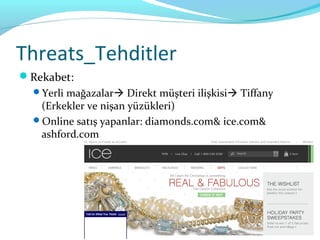Threats_Tehditler
Rekabet:
  Yerli mağazalar Direkt müşteri ilişkisi Tiffany
   (Erkekler ve nişan yüzükleri)
  Online satış yapanlar: diamonds.com& ice.com&
   ashford.com
 