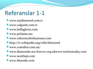 Referanslar 1-1
www.mydiamond.com.tr
www.calgonit.com.tr
www.bellagloria.com
www.pirlanta.net
www.referenceforbusiness.com
http://tr.wikipedia.org/wiki/diamond
www.costellos.com.au/
www.diamonds-are-forever.org.ukwww.technotoday.com
www.seattlepi.com
www.bluenile.com
 