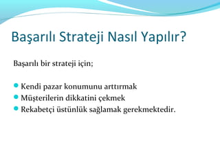 Başarılı Strateji Nasıl Yapılır?
Başarılı bir strateji için;

Kendi pazar konumunu arttırmak
Müşterilerin dikkatini çekmek
Rekabetçi üstünlük sağlamak gerekmektedir.
 