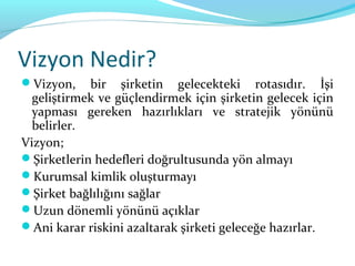 Vizyon Nedir?
Vizyon,    bir şirketin gelecekteki rotasıdır. İşi
  geliştirmek ve güçlendirmek için şirketin gelecek için
  yapması gereken hazırlıkları ve stratejik yönünü
  belirler.
Vizyon;
Şirketlerin hedefleri doğrultusunda yön almayı
Kurumsal kimlik oluşturmayı
Şirket bağlılığını sağlar
Uzun dönemli yönünü açıklar
Ani karar riskini azaltarak şirketi geleceğe hazırlar.
 