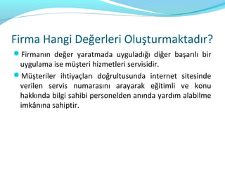 Firma Hangi Değerleri Oluşturmaktadır?
Firmanın değer yaratmada uyguladığı diğer başarılı bir
 uygulama ise müşteri hizmetleri servisidir.
Müşteriler ihtiyaçları doğrultusunda internet sitesinde
 verilen servis numarasını arayarak eğitimli ve konu
 hakkında bilgi sahibi personelden anında yardım alabilme
 imkânına sahiptir.
 