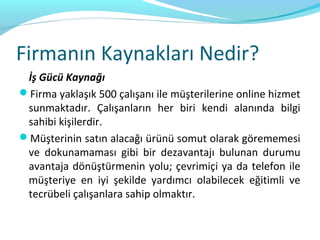 Firmanın Kaynakları Nedir?
 İş Gücü Kaynağı
Firma yaklaşık 500 çalışanı ile müşterilerine online hizmet
 sunmaktadır. Çalışanların her biri kendi alanında bilgi
 sahibi kişilerdir.
Müşterinin satın alacağı ürünü somut olarak görememesi
 ve dokunamaması gibi bir dezavantajı bulunan durumu
 avantaja dönüştürmenin yolu; çevrimiçi ya da telefon ile
 müşteriye en iyi şekilde yardımcı olabilecek eğitimli ve
 tecrübeli çalışanlara sahip olmaktır.
 