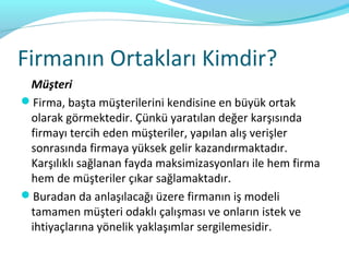 Firmanın Ortakları Kimdir?
 Müşteri
Firma, başta müşterilerini kendisine en büyük ortak
 olarak görmektedir. Çünkü yaratılan değer karşısında
 firmayı tercih eden müşteriler, yapılan alış verişler
 sonrasında firmaya yüksek gelir kazandırmaktadır.
 Karşılıklı sağlanan fayda maksimizasyonları ile hem firma
 hem de müşteriler çıkar sağlamaktadır.
Buradan da anlaşılacağı üzere firmanın iş modeli
 tamamen müşteri odaklı çalışması ve onların istek ve
 ihtiyaçlarına yönelik yaklaşımlar sergilemesidir.
 