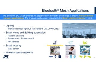 Bluetooth® Mesh Applications
11
• Lighting
• Interface to major light IOs (ST supports DALI, PWM, etc.)
• Smart Home and Building automation
• Heater/Fan control
• Temperature / Shutter control
• PIR Sensors
• Smart Industry
• M2M control
• Wireless sensor networks
The Bluetooth SIG MESH extends the capabilities of Bluetooth Smart chips to answer more and more
complex applications. The protocol has been developed with the Smart Lighting industry in mind.
Source : Bluetooth® SIG
Smart Home/Building Smart IndustrySmart Things
 