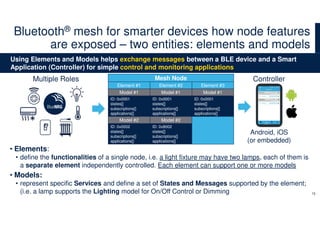 • Elements:
• define the functionalities of a single node, i.e. a light fixture may have two lamps, each of them is
a separate element independently controlled. Each element can support one or more models
• Models:
• represent specific Services and define a set of States and Messages supported by the element;
(i.e. a lamp supports the Lighting model for On/Off Control or Dimming
Mesh Node
Element #1 Element #2 Element #3
Model #1 Model #1 Model #1
ID: 0x0001
states[]
subscriptions[]
applications[]
ID: 0x0001
states[]
subscriptions[]
applications[]
ID: 0x0001
states[]
subscriptions[]
applications[]
Model #2 Model #2
ID: 0x0002
states[]
subscriptions[]
applications[]
ID: 0x8002
states[]
subscriptions[]
applications[]
Bluetooth® mesh for smarter devices how node features
are exposed – two entities: elements and models
16
Using Elements and Models helps exchange messages between a BLE device and a Smart
Application (Controller) for simple control and monitoring applications
ControllerMultiple Roles
Android, iOS
(or embedded)
 