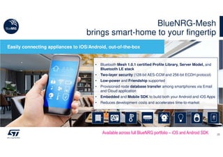 BlueNRG-Mesh
brings smart-home to your fingertip
Available across full BlueNRG portfolio – iOS and Android SDK
Easily connecting appliances to iOS/Android, out-of-the-box
• Bluetooth Mesh 1.0.1 certified Profile Library, Server Model, and
Bluetooth LE stack
• Two-layer security (128-bit AES-CCM and 256-bit ECDH protocol)
• Low-power and Friendship supported
• Provisioned node database transfer among smartphones via Email
and Cloud application
• Embedded and Mobile SDK to build both your Android and iOS Apps
• Reduces development costs and accelerates time-to-market
25
 