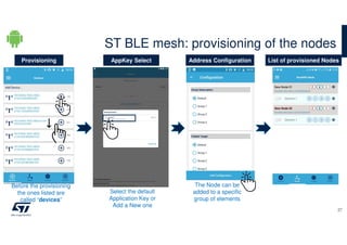 ST BLE mesh: provisioning of the nodes
27
Provisioning Address Configuration List of provisioned Nodes
The Node can be
added to a specific
group of elements
Before the provisioning
the ones listed are
called “devices”
AppKey Select
Select the default
Application Key or
Add a New one
 