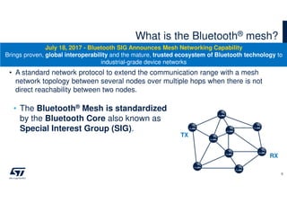 • A standard network protocol to extend the communication range with a mesh
network topology between several nodes over multiple hops when there is not
direct reachability between two nodes.
What is the Bluetooth® mesh?
8
TX
RX
• The Bluetooth® Mesh is standardized
by the Bluetooth Core also known as
Special Interest Group (SIG).
July 18, 2017 - Bluetooth SIG Announces Mesh Networking Capability
Brings proven, global interoperability and the mature, trusted ecosystem of Bluetooth technology to
industrial-grade device networks
 