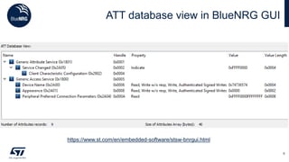 ATT database view in BlueNRG GUI
6
https://www.st.com/en/embedded-software/stsw-bnrgui.html
 
