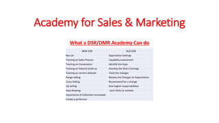 Academy for Sales & Marketing
What a DSR/DMR Academy Can do
NEW DSR OLD DSR
Recruit Expectation Settings
Training on Sales Process Capability assessment
Training on Conversions Identify the Gaps
Training on Volume build up Develop the Short Comings
Training on correct attitude Track the changes
Range selling Review the Changes Vs Expectations
Cross Selling Recommend for a change
Up selling Give higher responsibilities
Data Keeping Joint Visits to markets
Importance of Collection inculcated
Create a performer
 