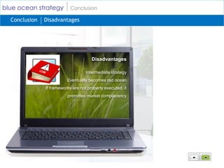 blue ocean strategy         Conclusion

  Conclusion   Disadvantages




                                       Disadvantages

                                    Intermediate strategy
                          Eventually becomes red ocean
               If frameworks are not properly executed, it
                          promotes market complacency
 