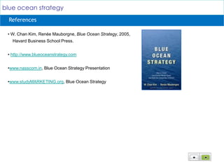 blue ocean strategy
  References

 • W. Chan Kim, Renée Mauborgne, Blue Ocean Strategy, 2005,
   Havard Business School Press.


 • http://www.blueoceanstrategy.com


 •www.nasscom.in, Blue Ocean Strategy Presentation


 •www.studyMARKETING.org, Blue Ocean Strategy
 