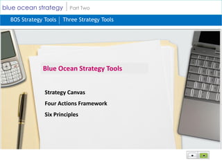 blue ocean strategy      Part Two

  BOS Strategy Tools   Three Strategy Tools




              Blue Ocean Strategy Tools


               Strategy Canvas
               Four Actions Framework
               Six Principles
 
