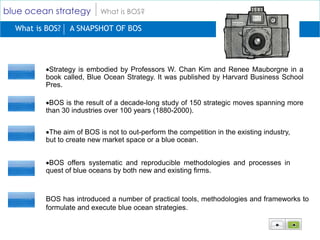 blue ocean strategy        What is BOS?

  What is BOS?   A SNAPSHOT OF BOS




          Strategy is embodied by Profess...