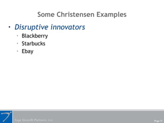 Some Christensen Examples <ul><li>Disruptive innovators </li></ul><ul><ul><li>Blackberry </li></ul></ul><ul><ul><li>Starbu...