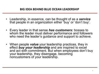 BIG IDEA BEHIND BLUE OCEAN LEADERSHIP 
• Leadership, in essence, can be thought of as a service 
that people in an organization either ‘buy’ or ‘don’t buy’. 
• Every leader in that sense has customers: bosses to 
whom the leader must deliver performance and followers 
who need the leader’s guidance and support to achieve. 
• When people value your leadership practices, they in 
effect buy your leadership and are inspired to excel 
and act with commitment. But when employees don’t buy 
your leadership, they disengage, becoming 
noncustomers of your leadership. 
4 
 