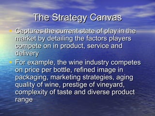 The Strategy CanvasThe Strategy Canvas
• Captures the current state of play in theCaptures the current state of play in the
market by detailing the factors playersmarket by detailing the factors players
compete on in product, service andcompete on in product, service and
deliverydelivery
• For example, the wine industry competesFor example, the wine industry competes
on price per bottle, refined image inon price per bottle, refined image in
packaging, marketing strategies, agingpackaging, marketing strategies, aging
quality of wine, prestige of vineyard,quality of wine, prestige of vineyard,
complexity of taste and diverse productcomplexity of taste and diverse product
rangerange
 