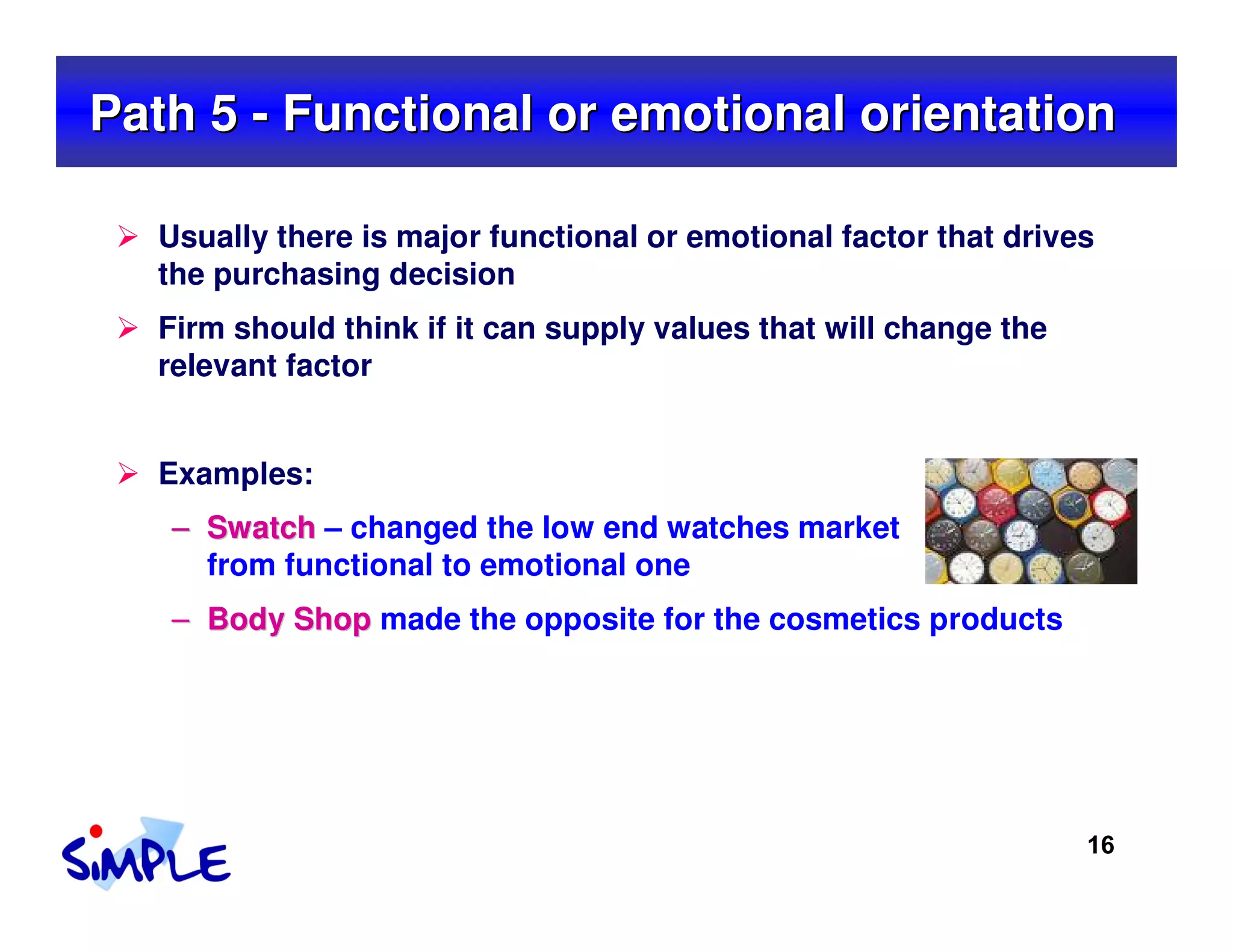 Path 5 - Functional or emotional orientation

  Usually there is major functional or emotional factor that drives
  the purchasing decision
  Firm should think if it can supply values that will change the
  relevant factor


  Examples:
   – Swatch – changed the low end watches market
     from functional to emotional one
   – Body Shop made the opposite for the cosmetics products




                                                                   16
 