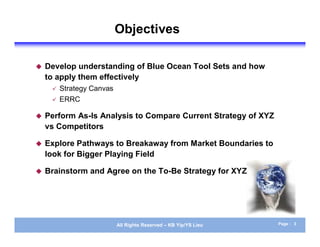 Objectives

   Develop understanding of Blue Ocean Tool Sets and how
    to apply them effectively
        Strategy Canvas
        ERRC

   Perform As-Is Analysis to Compare Current Strategy of XYZ
    vs Competitors

   Explore Pathways to Breakaway from Market Boundaries to
    look for Bigger Playing Field

   Brainstorm and Agree on the To-Be Strategy for XYZ




                           All Rights Reserved – KB Yip/YS Lieu   Page : 3
 