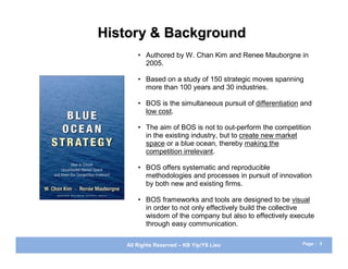History & Background
       • Authored by W. Chan Kim and Renee Mauborgne in
         2005.

       • Based on a study of 150 strategic moves spanning
         more than 100 years and 30 industries.

       • BOS is the simultaneous pursuit of differentiation and
         low cost.

       • The aim of BOS is not to out-perform the competition
         in the existing industry, but to create new market
         space or a blue ocean, thereby making the
         competition irrelevant.

       • BOS offers systematic and reproducible
         methodologies and processes in pursuit of innovation
         by both new and existing firms.

       • BOS frameworks and tools are designed to be visual
         in order to not only effectively build the collective
         wisdom of the company but also to effectively execute
         through easy communication.

   All Rights Reserved – KB Yip/YS Lieu                     Page : 5
 
