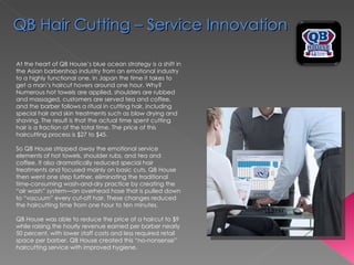 At the heart of QB House’s blue ocean strategy is a shift in the Asian barbershop industry from an emotional industry to a highly functional one. In Japan the time it takes to get a man’s haircut hovers around one hour. Why? Numerous hot towels are applied, shoulders are rubbed and massaged, customers are served tea and coffee, and the barber follows a ritual in cutting hair, including special hair and skin treatments such as blow drying and shaving. The result is that the actual time spent cutting hair is a fraction of the total time. The price of this haircutting process is $27 to $45. So QB House stripped away the emotional service elements of hot towels, shoulder rubs, and tea and coffee. It also dramatically reduced special hair treatments and focused mainly on basic cuts. QB House then went one step further, eliminating the traditional time-consuming wash-and-dry practice by creating the “air wash” system—an overhead hose that is pulled down to “vacuum” every cut-off hair. These changes reduced the haircutting time from one hour to ten minutes.  QB House was able to reduce the price of a haircut to $9 while raising the hourly revenue earned per barber nearly 50 percent, with lower staff costs and less required retail space per barber. QB House created this “no-nonsense” haircutting service with improved hygiene.  QB Hair Cutting – Service Innovation 