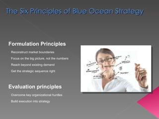 Formulation Principles Reconstruct market boundaries Focus on the big picture, not the numbers Reach beyond existing demand Get the strategic sequence right Evaluation principles Overcome key organizational hurdles Build execution into strategy The Six Principles of Blue Ocean Strategy 