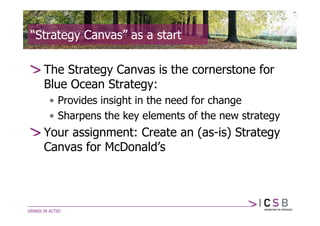 “Strategy Canvas” as a start

  The Strategy Canvas is the cornerstone for
  Blue Ocean Strategy:
   • Provides insight in the need for change
   • Sharpens the key elements of the new strategy
  Your assignment: Create an (as-is) Strategy
  Canvas for McDonald’s
 