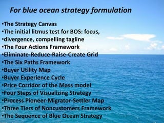 For blue ocean strategy formulation
•The Strategy Canvas
•The initial litmus test for BOS: focus,
•divergence, compelling tagline
•The Four Actions Framework
•Eliminate-Reduce-Raise-Create Grid
•The Six Paths Framework
•Buyer Utility Map
•Buyer Experience Cycle
•Price Corridor of the Mass model
•Four Steps of Visualizing Strategy
•Process Pioneer-Migrator-Settler Map
•Three Tiers of Noncustomers Framework
•The Sequence of Blue Ocean Strategy
 