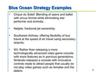 Blue Ocean Strategy Examples <ul><li>Cirque du Soleil: Blending of opera and ballet with circus format while eliminating s...
