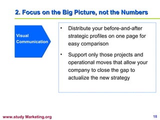 2. Focus on the Big Picture, not the Numbers

                          •   Distribute your before-and-after
      Visual                  strategic profiles on one page for
      Communication
                              easy comparison

                          •   Support only those projects and
                              operational moves that allow your
                              company to close the gap to
                              actualize the new strategy




www.study Marketing.org                                            18
 