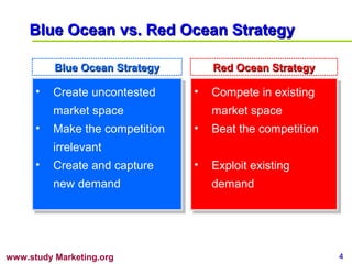 Blue Ocean vs. Red Ocean Strategy

          Blue Ocean Strategy       Red Ocean Strategy

      •• Create uncontested
         Create uncontested      •• Compete in existing
                                    Compete in existing
         market space
         market space               market space
                                    market space
      •• Make the competition
          Make the competition   •• Beat the competition
                                    Beat the competition
         irrelevant
          irrelevant
      •• Create and capture
          Create and capture     •• Exploit existing
                                    Exploit existing
          new demand
          new demand                demand
                                    demand




www.study Marketing.org                                    4
 