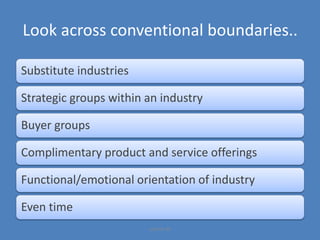 Look across conventional boundaries..
Substitute industries
Strategic groups within an industry
Buyer groups
Complimentary product and service offerings
Functional/emotional orientation of industry
Even time
jesholt.dk
 