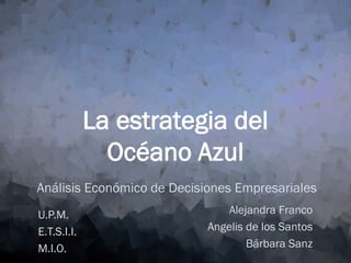 La estrategia del
Océano Azul
Análisis Económico de Decisiones Empresariales
U.P.M.
E.T.S.I.I.
M.I.O.

Alejandra Franco
Angelis de los Santos
Bárbara Sanz

 