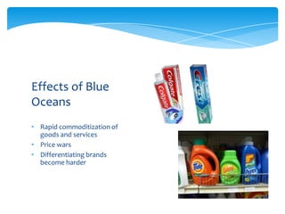 Effects of Blue
Oceans
• Rapid commoditization of
goods and services
• Price wars
• Differentiating brands
become harder

 