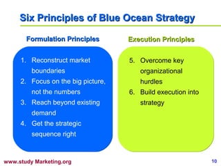 10www.study Marketing.org
Six Principles of Blue Ocean StrategySix Principles of Blue Ocean Strategy
1. Reconstruct market...