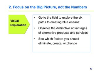 17www.study Marketing.org
2. Focus on the Big Picture, not the Numbers
Visual
Exploration
• Go to the field to explore the six
paths to creating blue oceans
• Observe the distinctive advantages
of alternative products and services
• See which factors you should
eliminate, create, or change
 