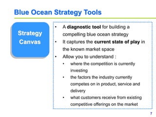 7www.study Marketing.org
Blue Ocean Strategy Tools
Strategy
Canvas
• A diagnostic tool for building a
compelling blue ocean strategy
• It captures the current state of play in
the known market space
• Allow you to understand :
• where the competition is currently
investing
• the factors the industry currently
competes on in product, service and
delivery
• what customers receive from existing
competitive offerings on the market
 