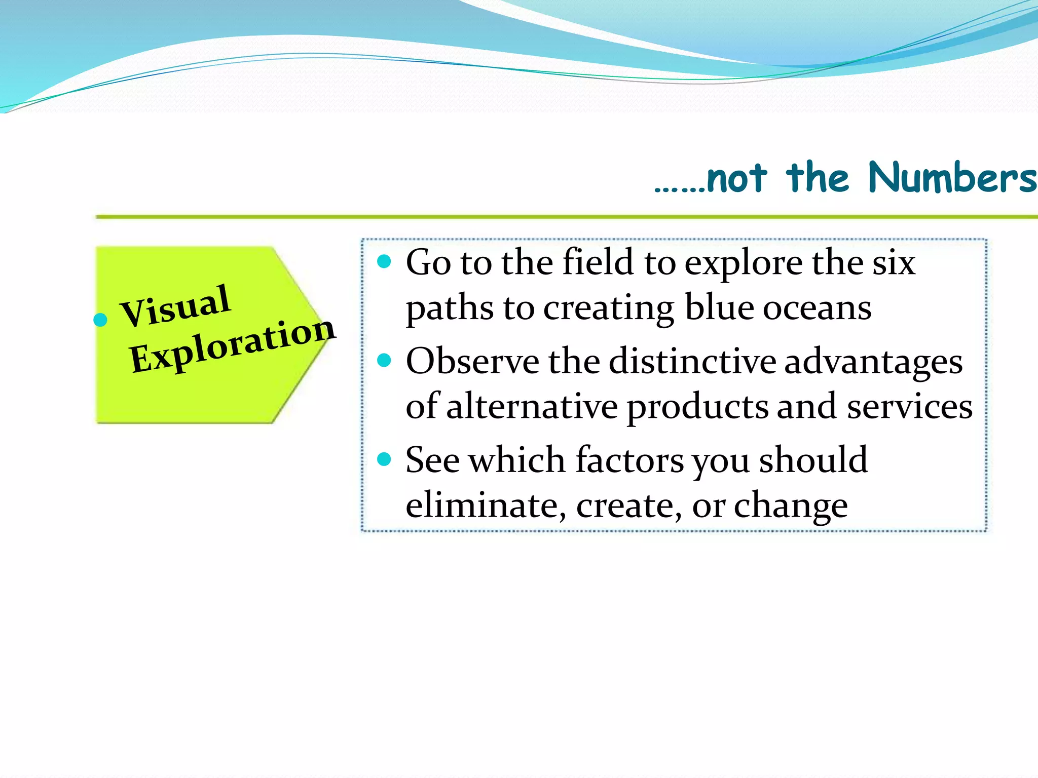 ……not the Numbers
 Go to the field to explore the six
paths to creating blue oceans
 Observe the distinctive advantages
of alternative products and services
 See which factors you should
eliminate, create, or change
 