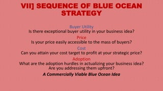 VII] SEQUENCE OF BLUE OCEAN
STRATEGY
Buyer Utility
Is there exceptional buyer utility in your business idea?
Price
Is your price easily accessible to the mass of buyers?
Cost
Can you attain your cost target to profit at your strategic price?
Adoption
What are the adoption hurdles in actualizing your business idea?
Are you addressing them upfront?
A Commercially Viable Blue Ocean Idea
 