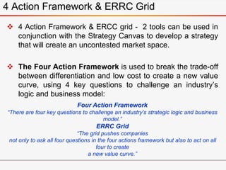  4 Action Framework & ERCC grid - 2 tools can be used in
conjunction with the Strategy Canvas to develop a strategy
that will create an uncontested market space.
 The Four Action Framework is used to break the trade-off
between differentiation and low cost to create a new value
curve, using 4 key questions to challenge an industry’s
logic and business model:
4 Action Framework & ERRC Grid
Four Action Framework
“There are four key questions to challenge an industry’s strategic logic and business
model.”
ERRC Grid
“The grid pushes companies
not only to ask all four questions in the four actions framework but also to act on all
four to create
a new value curve.”
 