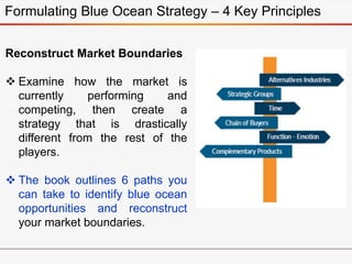 Formulating Blue Ocean Strategy – 4 Key Principles
Reconstruct Market Boundaries
 Examine how the market is
currently performing and
competing, then create a
strategy that is drastically
different from the rest of the
players.
 The book outlines 6 paths you
can take to identify blue ocean
opportunities and reconstruct
your market boundaries.
 